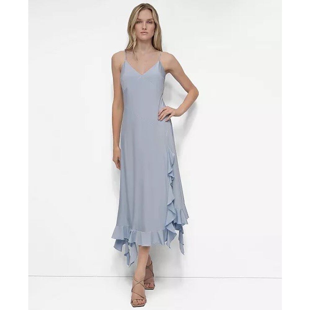 NWT DKNY Ruffled Hem Midi Slip Dress Light Blue Size 6 Open Back Formal